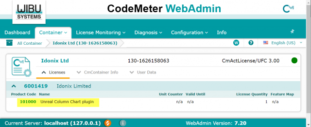 WebAdmin showing registered product license